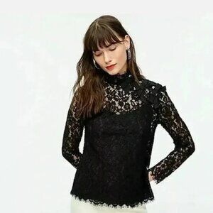 J Crew Mockneck Top In Floral Lace Black Sheer